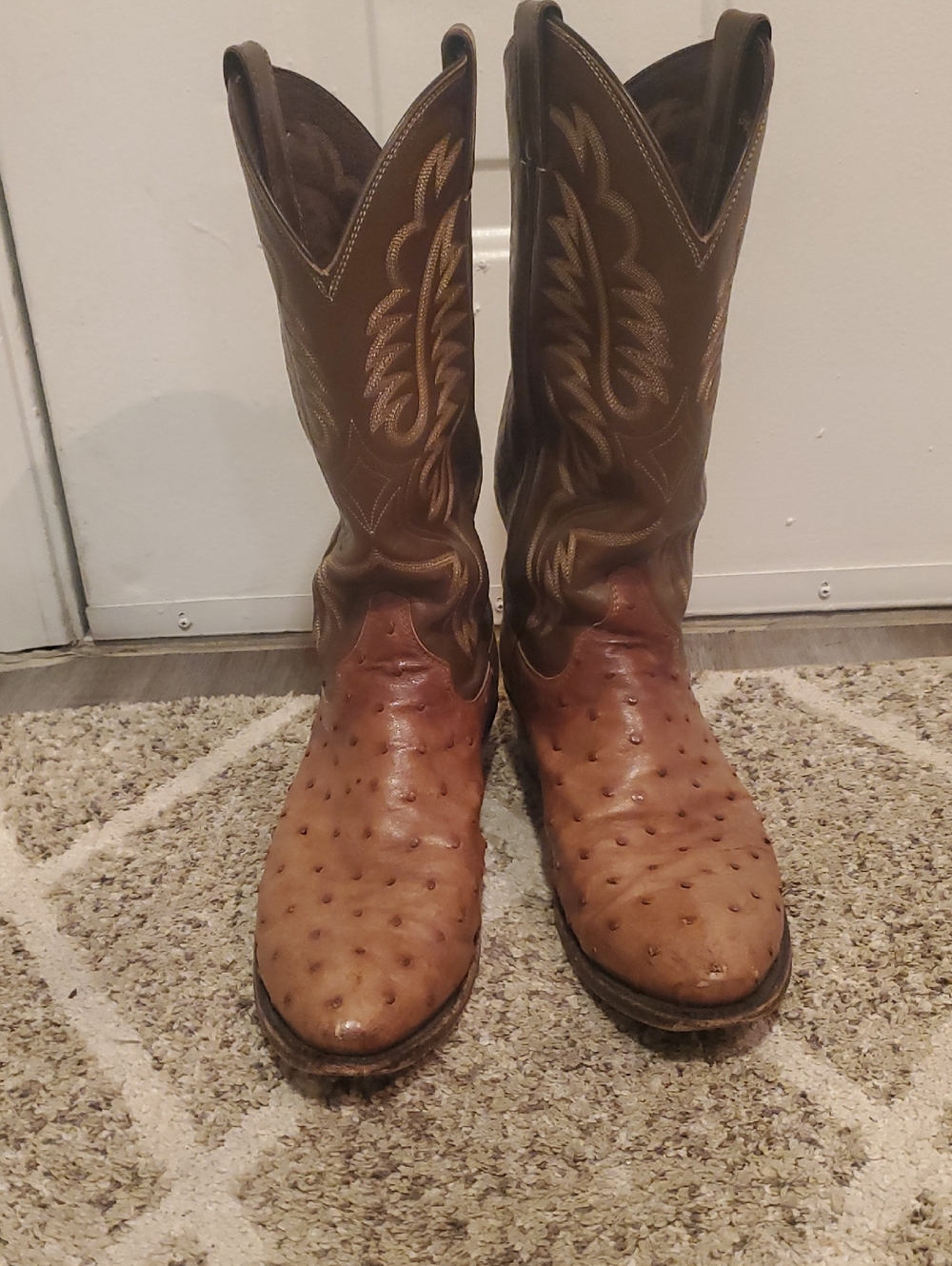 Justin Boots Two-Tone Brown Ostrich-Textured Cowboy Boots